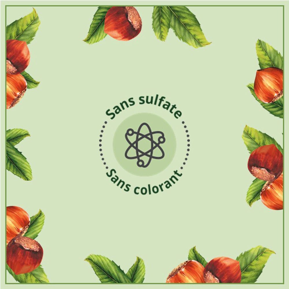 Étiquette avec symboles sans sulfates et sans colorants. Châtaignes et feuilles encadrent le texte. Fond vert.