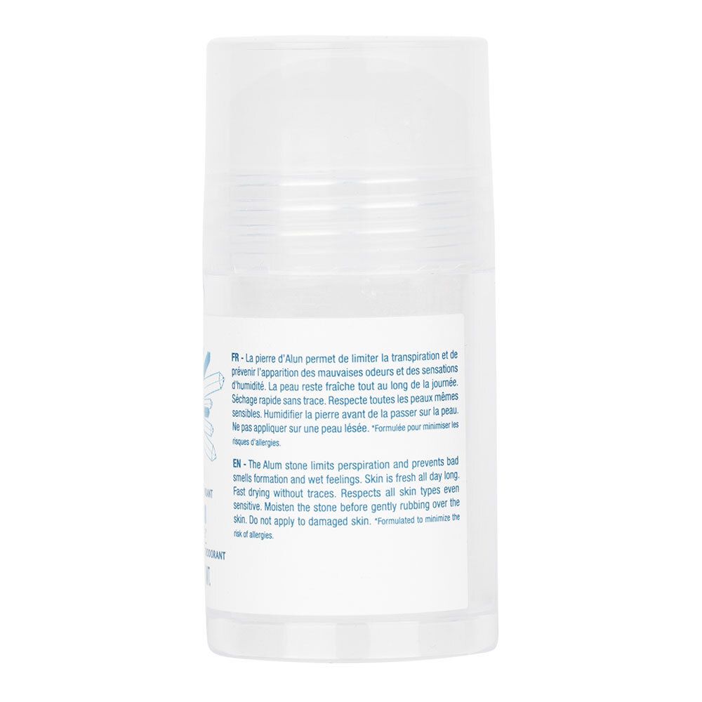 Vue arrière du roll-on déodorant. Texte sur étiquette blanche. Descriptions en français et anglais.