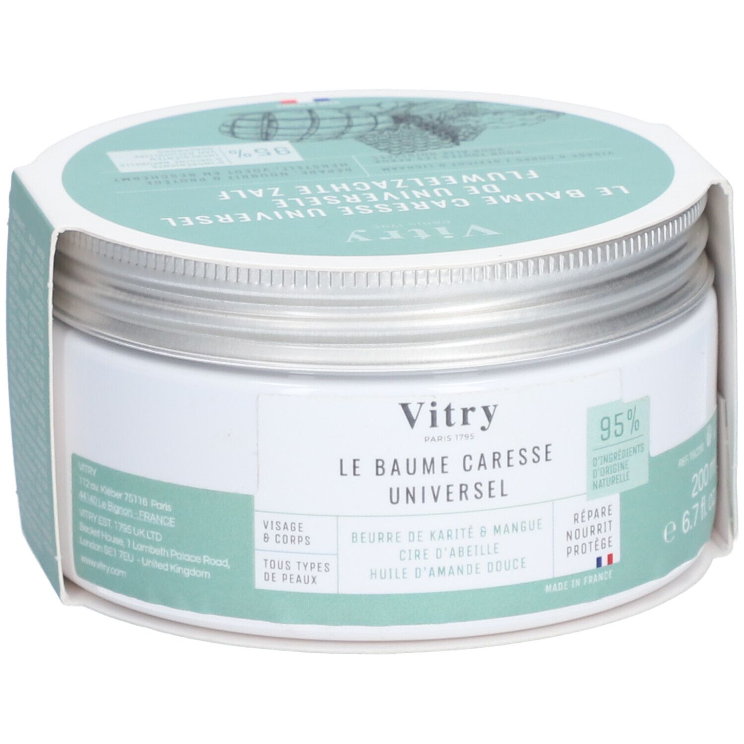 Pot rond avec couvercle à vis. Étiquette avec nom du produit. Couleurs vert et blanc. Texte : Vitry, Le Baume Caresse Universel.