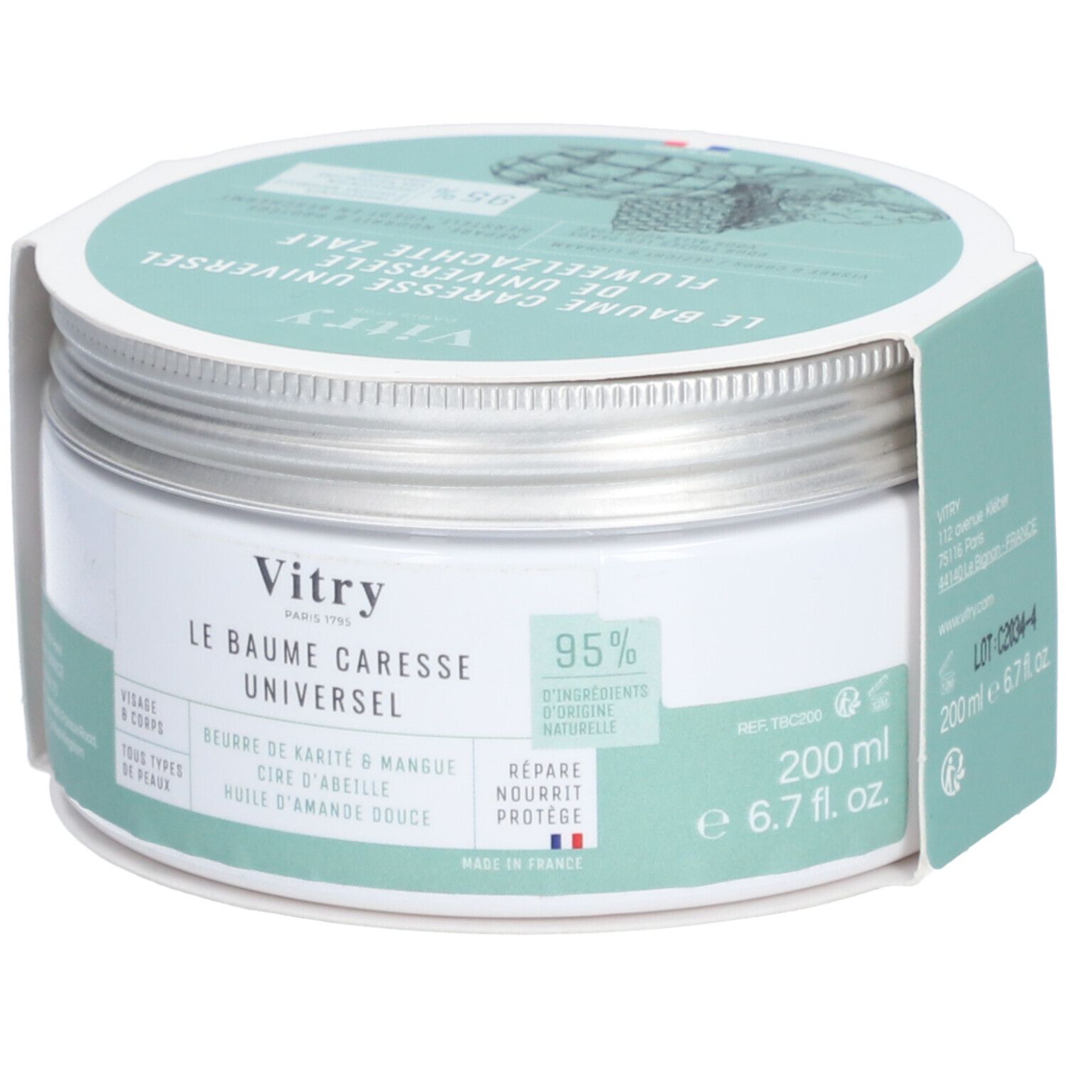 Pot rond avec couvercle à vis. Étiquette avec nom du produit et volume. Couleurs vert et blanc. Texte : Vitry, Le Baume Caresse Universel, 200 ml.