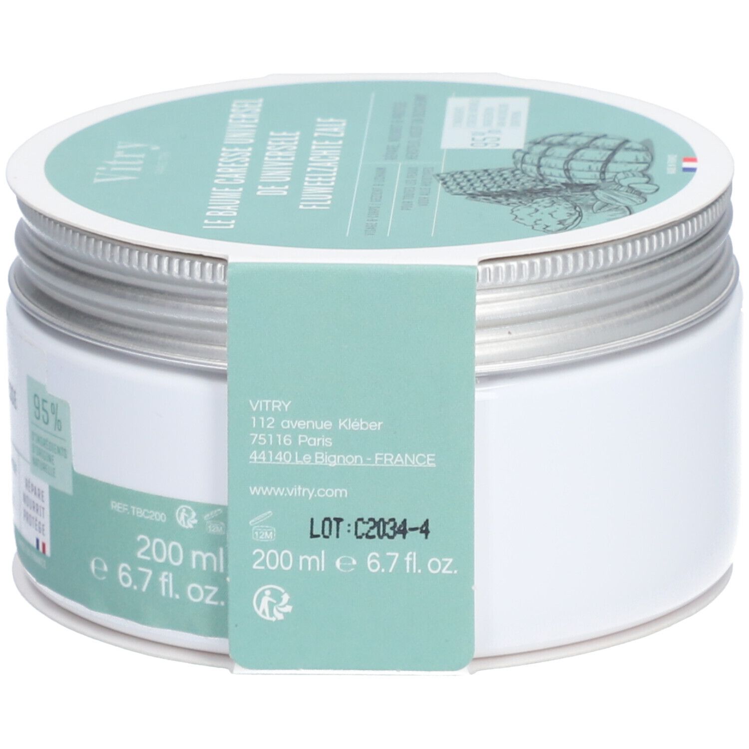 Pot rond avec couvercle à vis. Étiquette avec nom du produit, volume et adresse. Couleurs vert et blanc. Texte : Vitry, 200 ml.