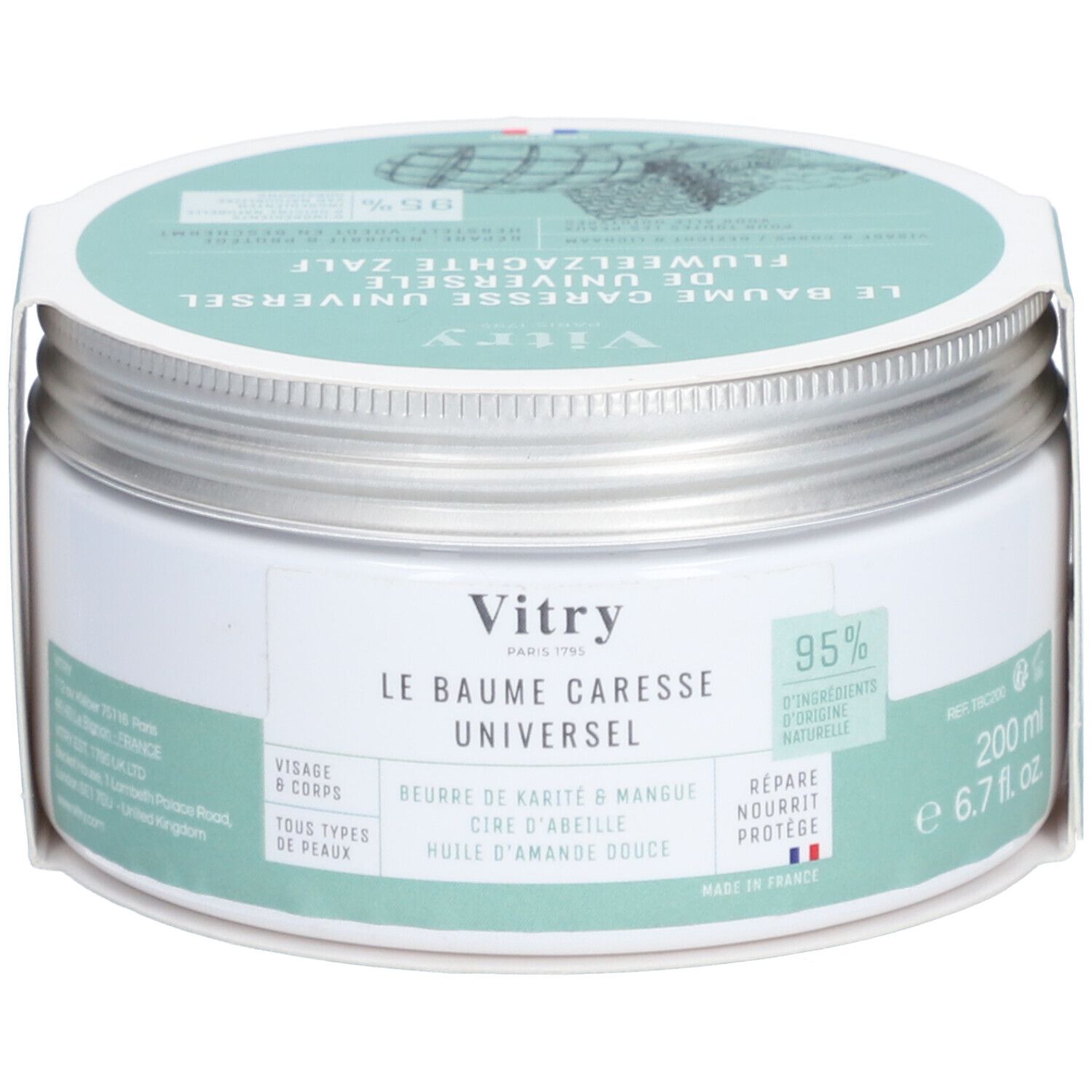 Pot rond avec couvercle à vis. Étiquette avec nom du produit et ingrédients. Couleurs vert et blanc. Texte : Vitry, Le Baume Caresse Universel.