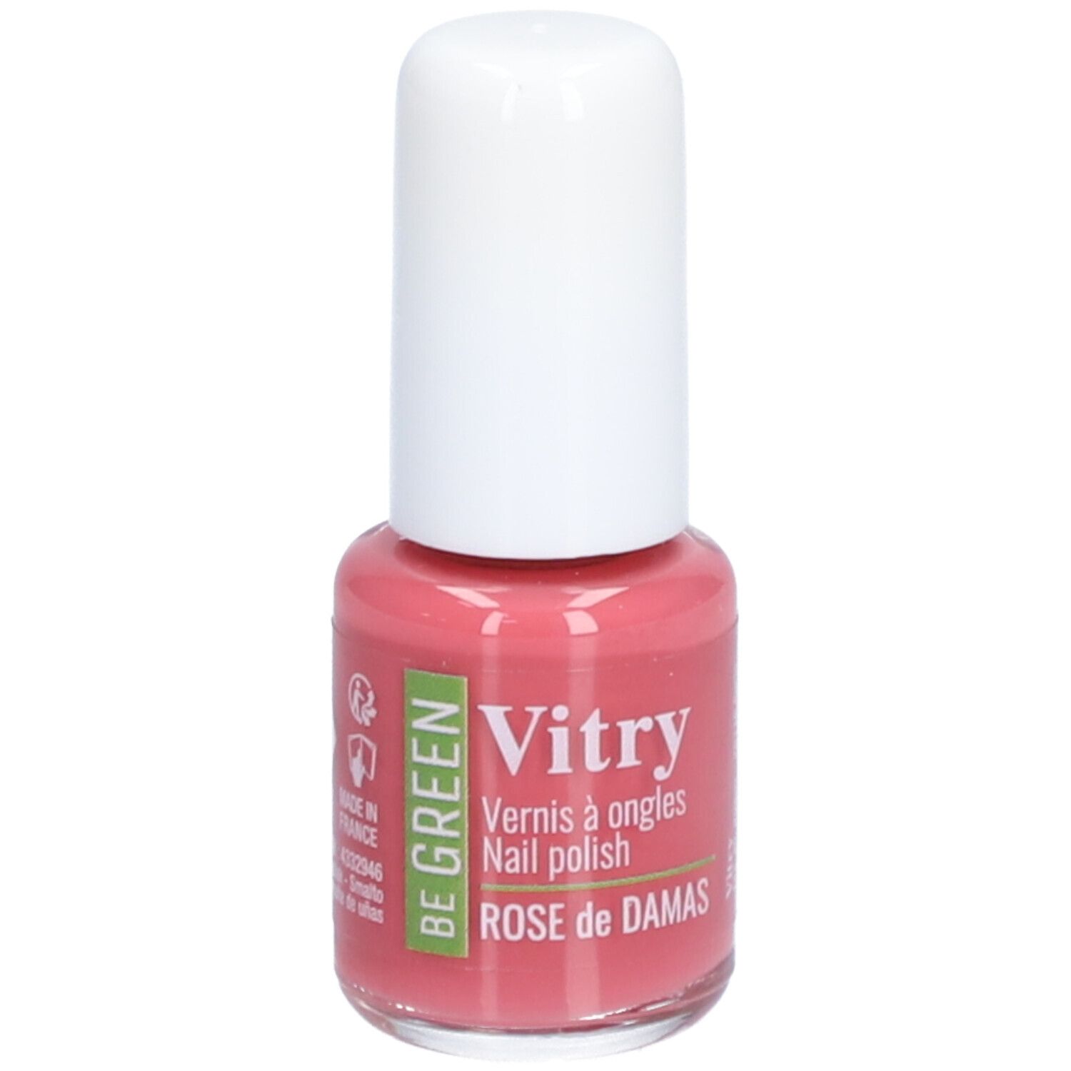 Flacon de vernis à ongles avec bouchon blanc. Inscription : Vitry, BE GREEN, Rose de Damas.