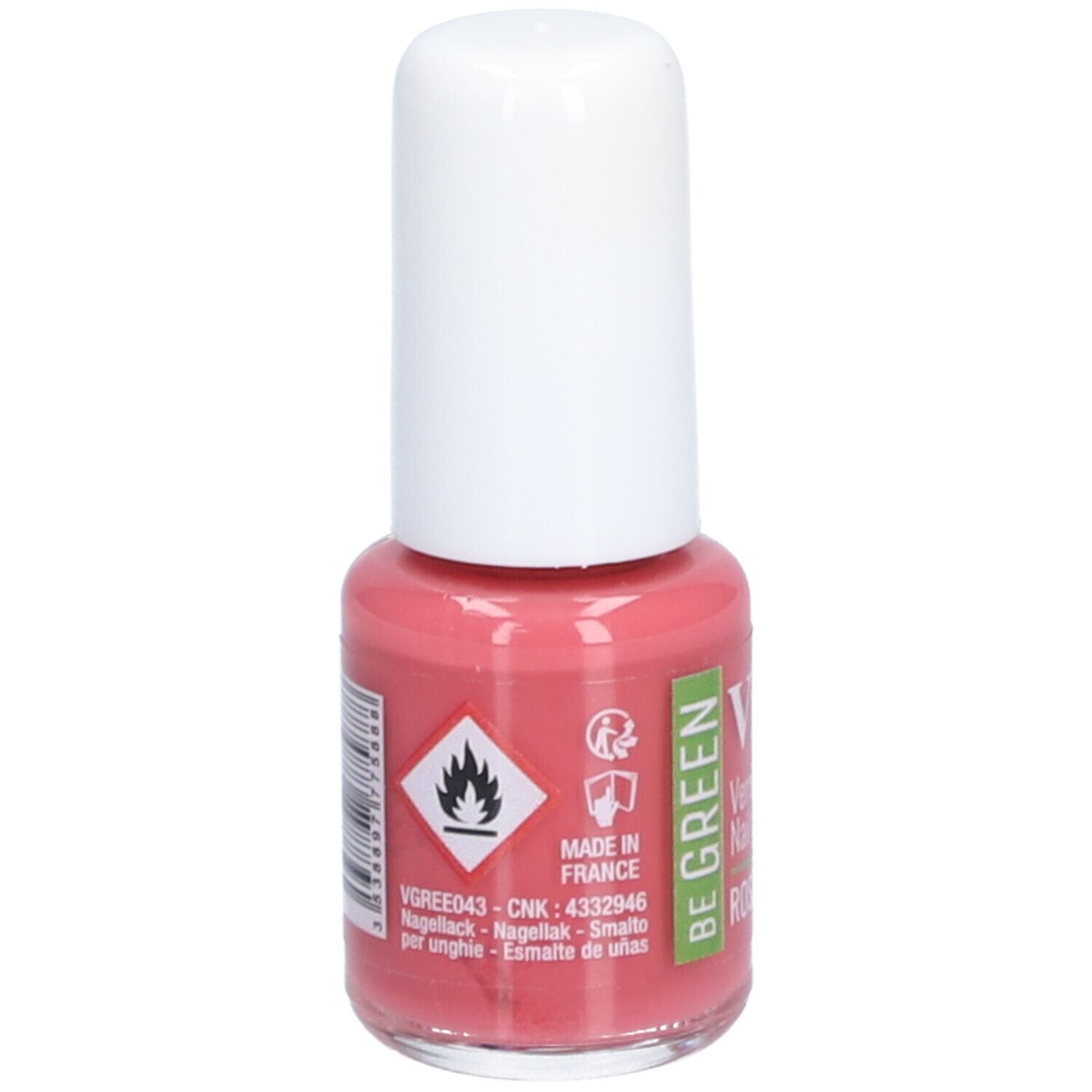 Flacon de vernis à ongles avec bouchon blanc. Inscription : Vitry, BE GREEN. Symbole de danger.