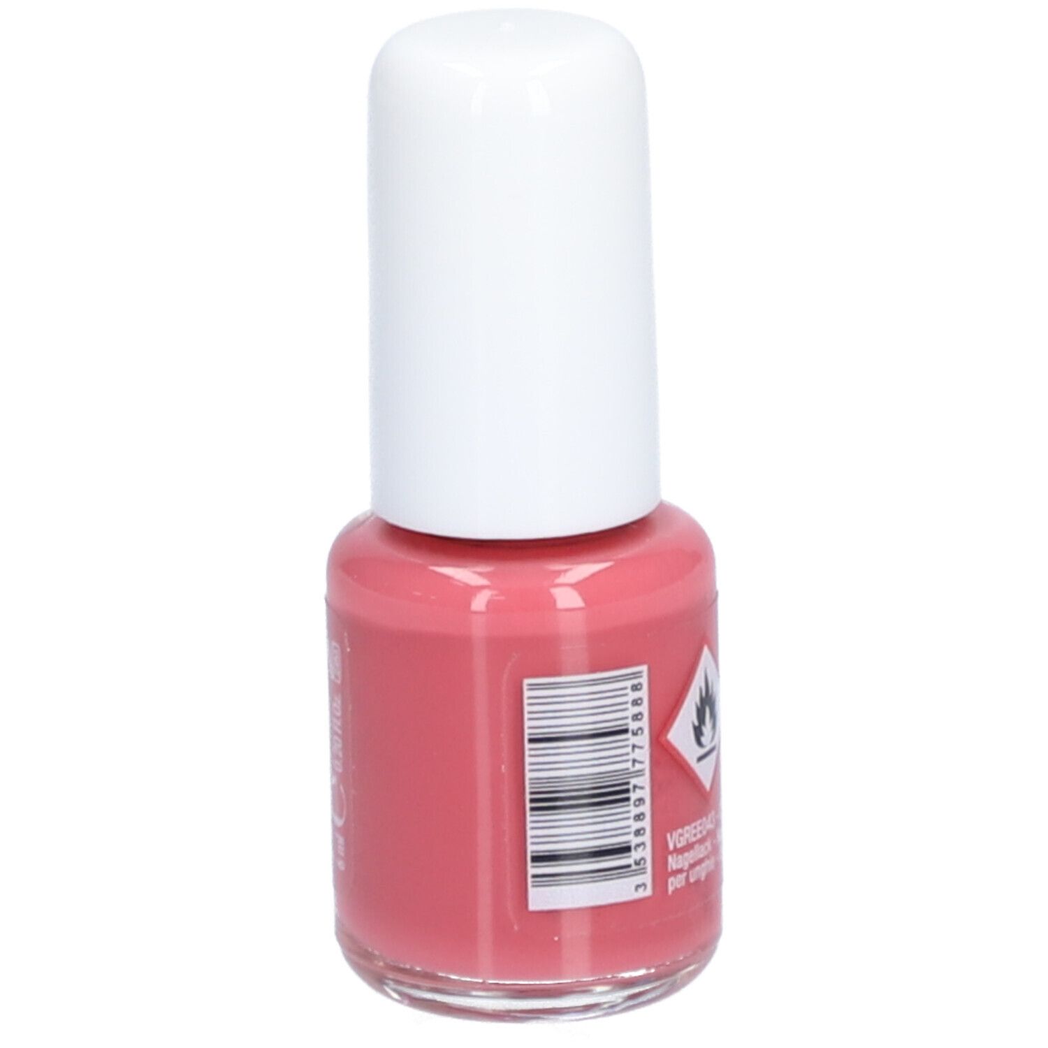 Flacon de vernis à ongles avec bouchon blanc. Code-barres et symbole de danger.