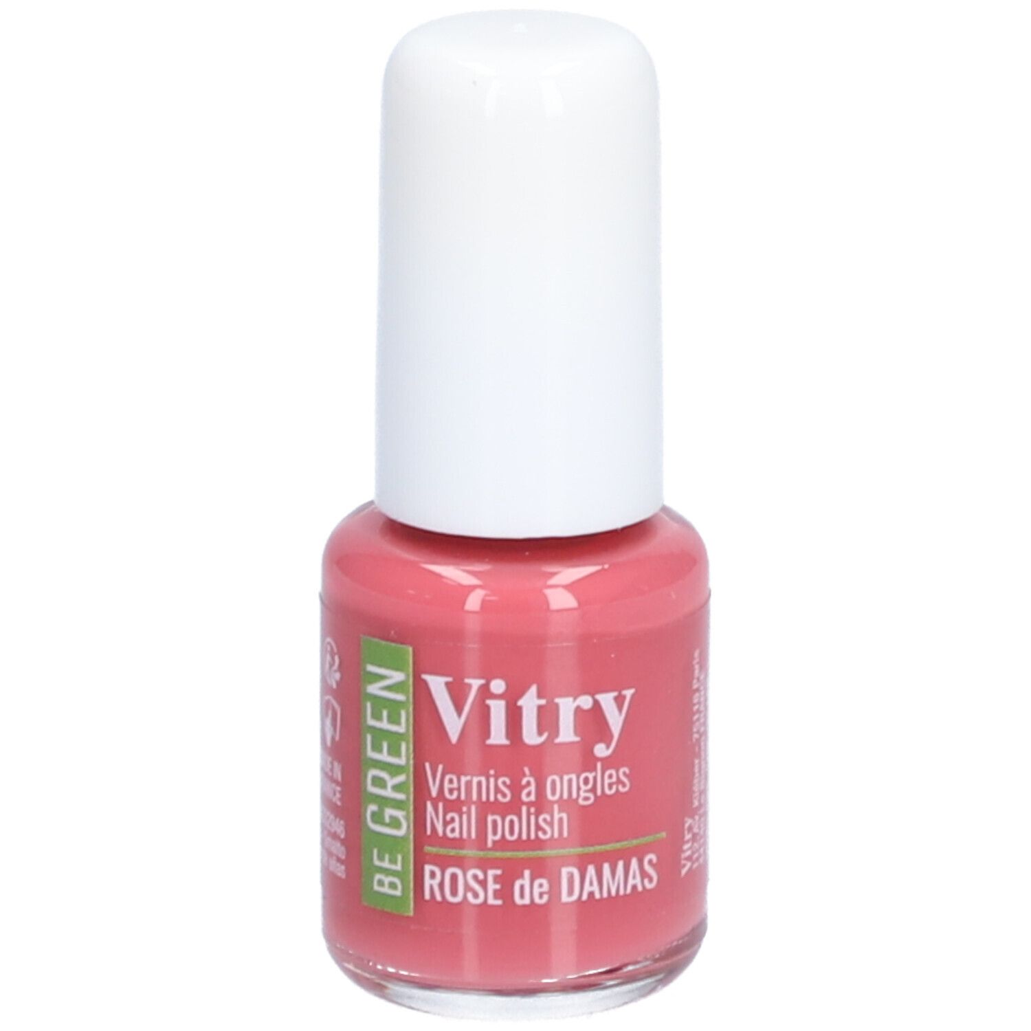 Flacon de vernis à ongles avec bouchon blanc. Inscription : Vitry, BE GREEN, Rose de Damas.