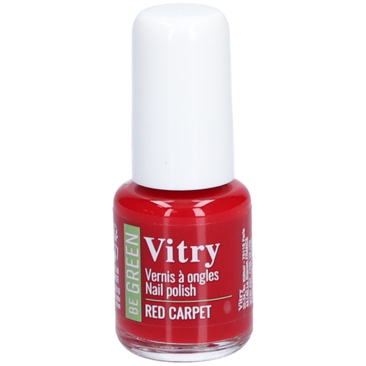 Flacon de vernis à ongles rouge avec bouchon blanc. Inscription : Vitry, Vernis à ongles, Nail polish, RED CARPET. Logo vert.