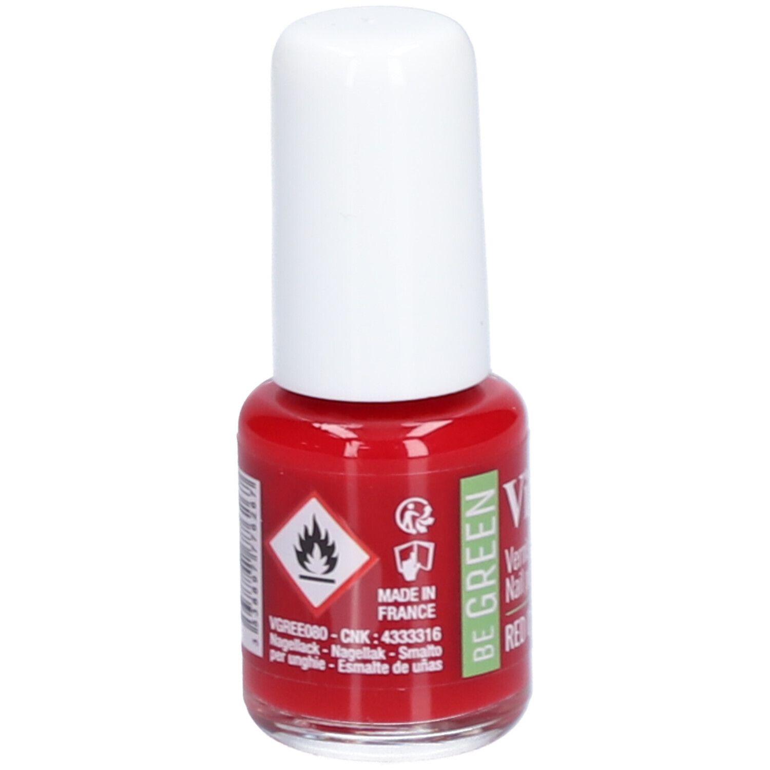 Flacon de vernis à ongles rouge avec bouchon blanc. Inscription : Vitry. Avertissement. Fabriqué en France. Logo vert.