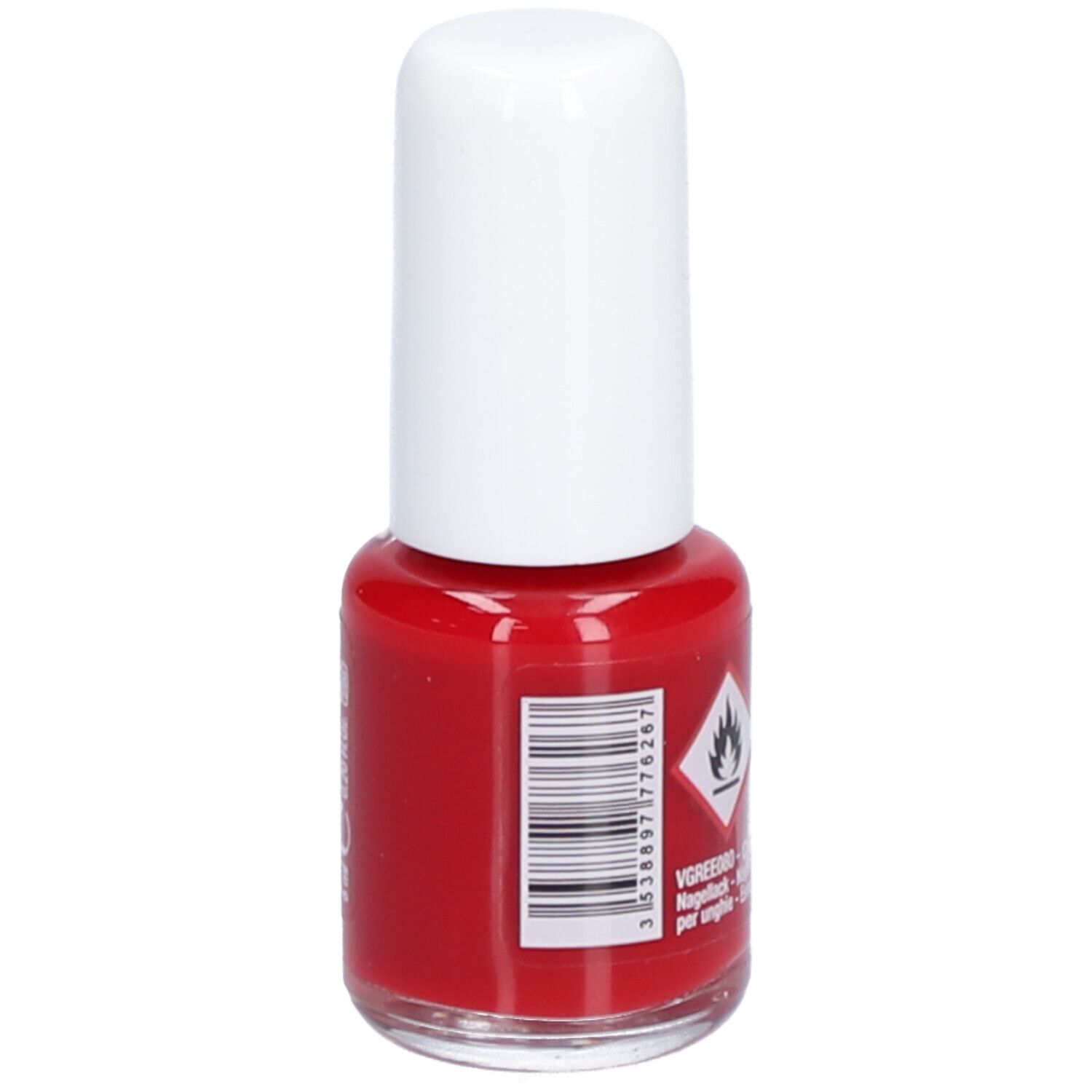 Flacon de vernis à ongles rouge avec bouchon blanc. Code-barres. Inscription : Vitry. Avertissement.