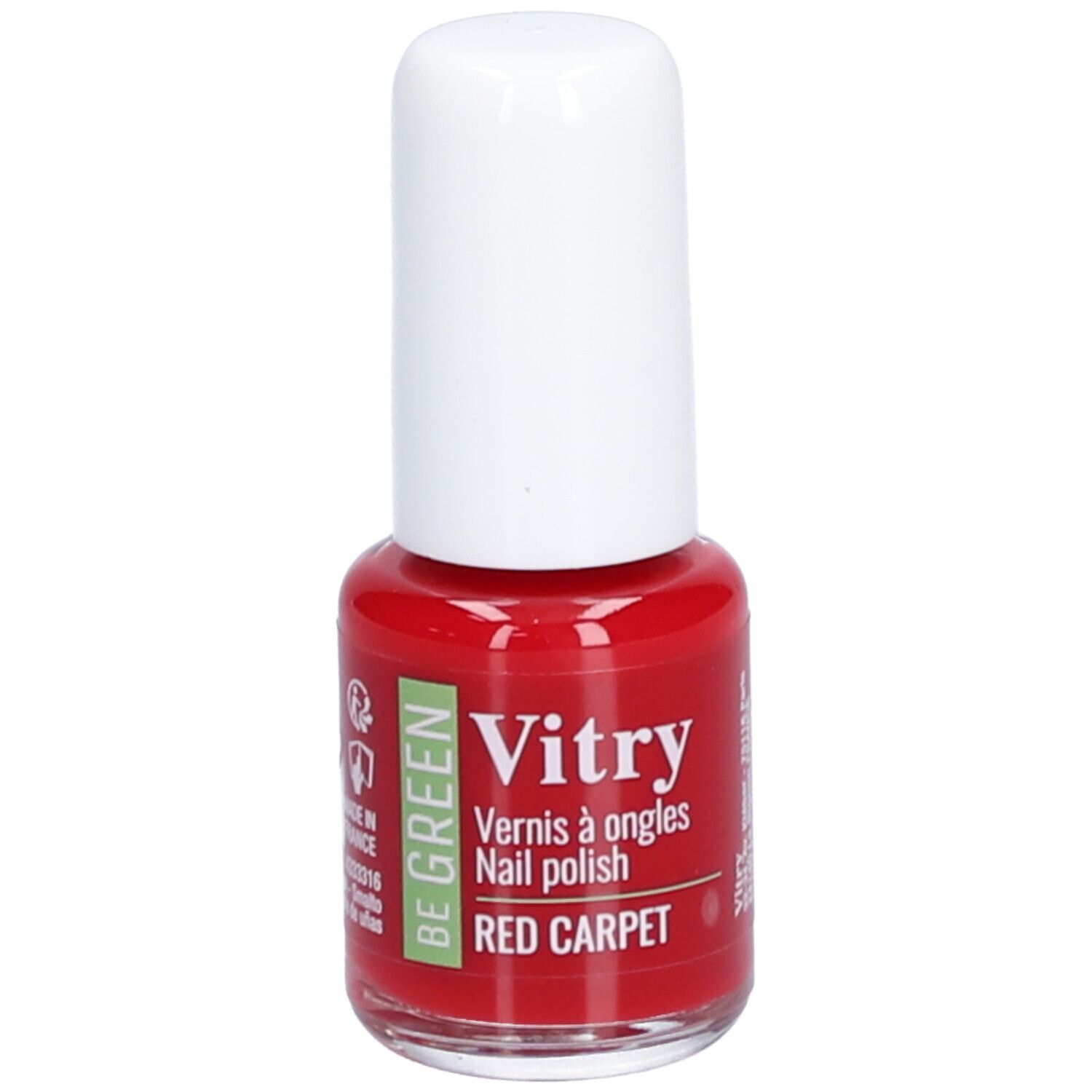 Flacon de vernis à ongles rouge avec bouchon blanc. Inscription : Vitry, Vernis à ongles, Nail polish, RED CARPET. Logo vert.