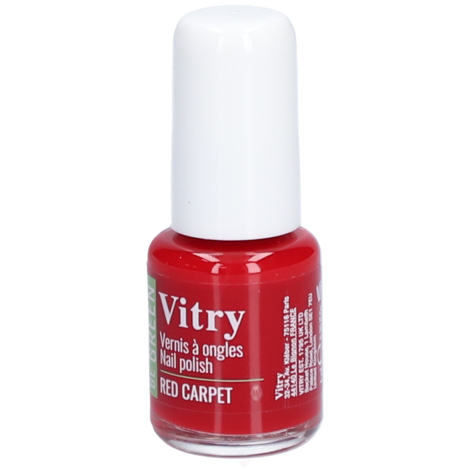 Flacon de vernis à ongles rouge avec bouchon blanc. Inscription : Vitry, Vernis à ongles, Nail polish, RED CARPET. Adresse.
