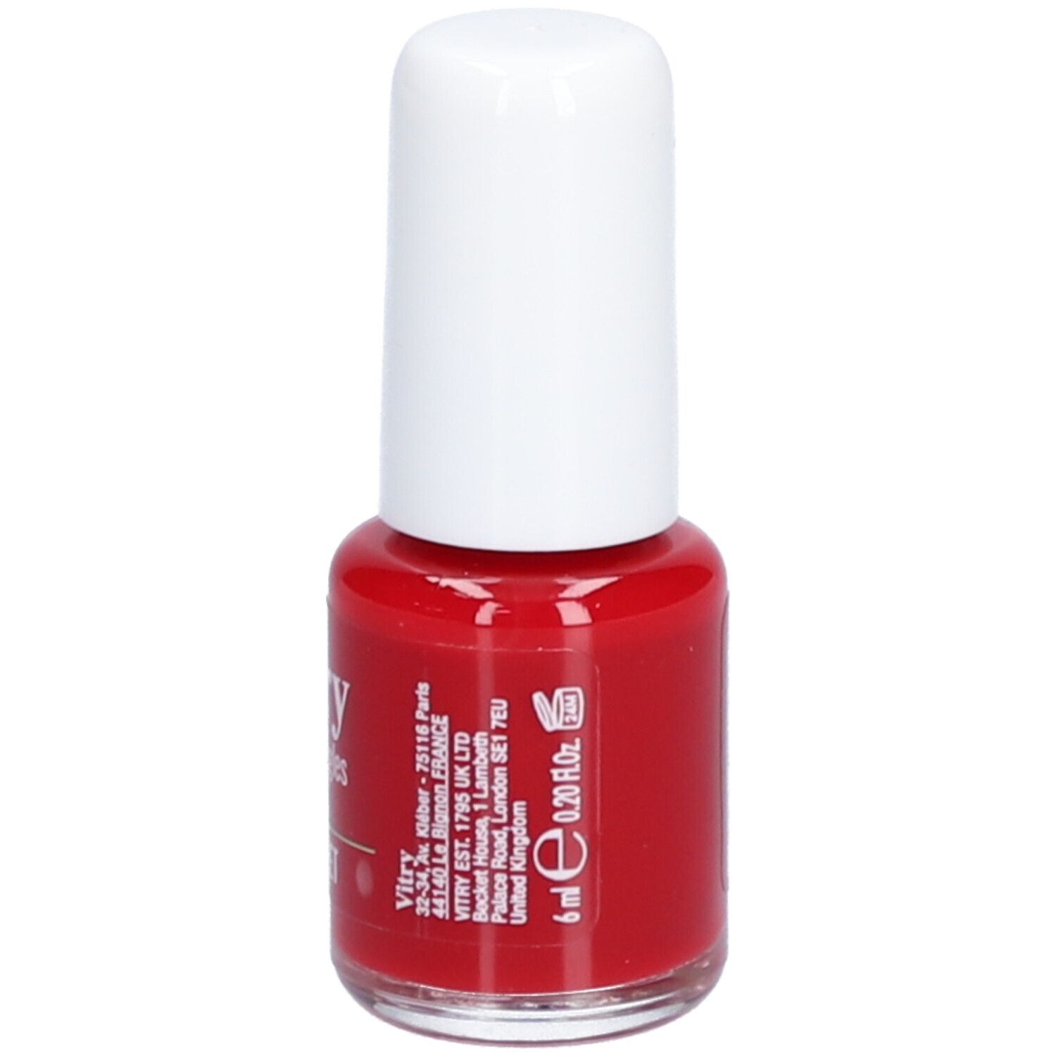 Flacon de vernis à ongles rouge avec bouchon blanc. Inscription : Vitry, 6 ml, 0.20 fl.oz. Adresse.