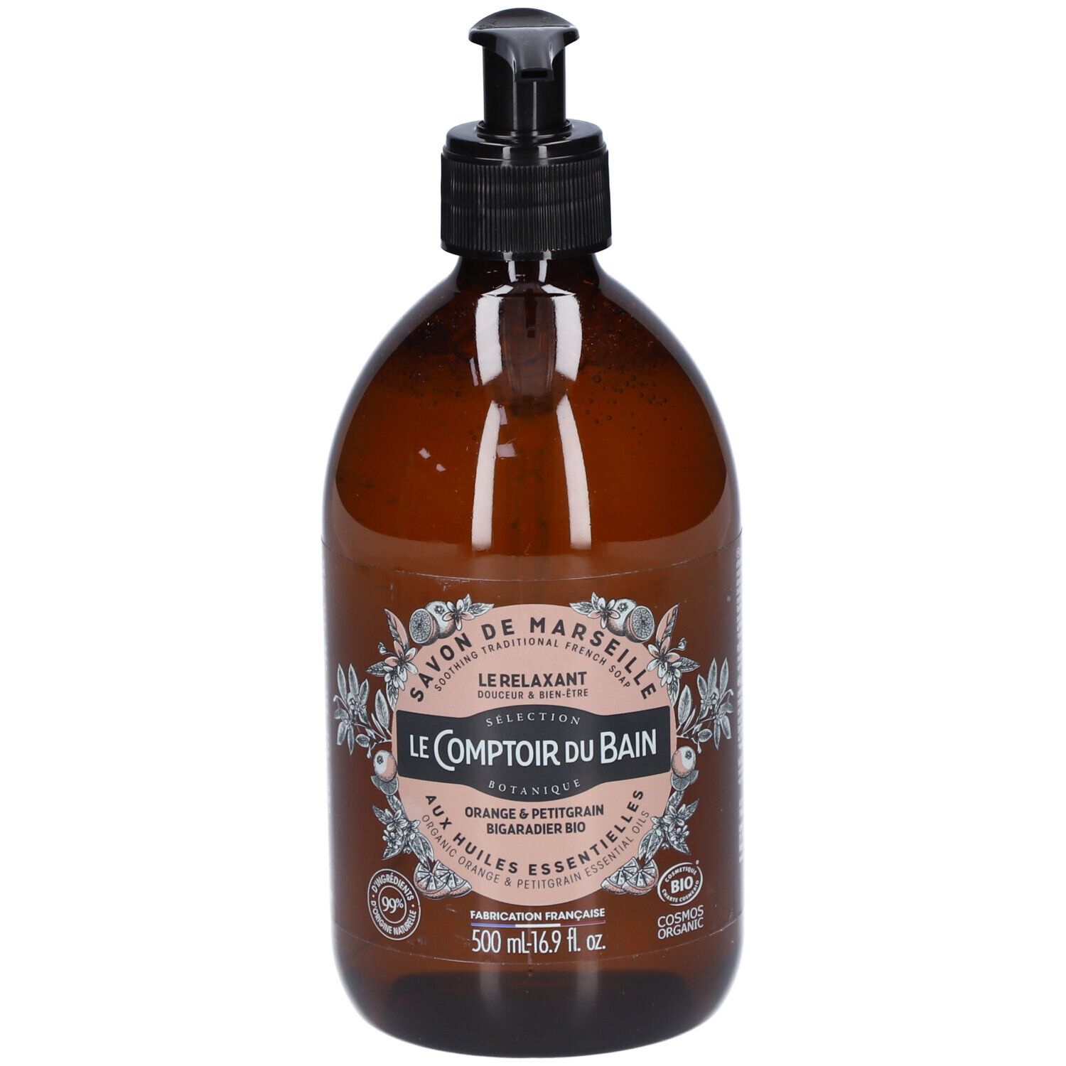 Flacon marron avec pompe noire. Étiquette avec informations produit. Inscription: Savon de Marseille, Le Comptoir du Bain.