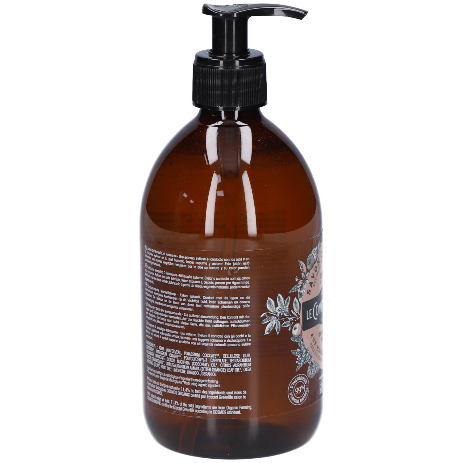 Flacon marron avec pompe noire. Dos avec texte. Inscription: Le Comptoir du Bain.