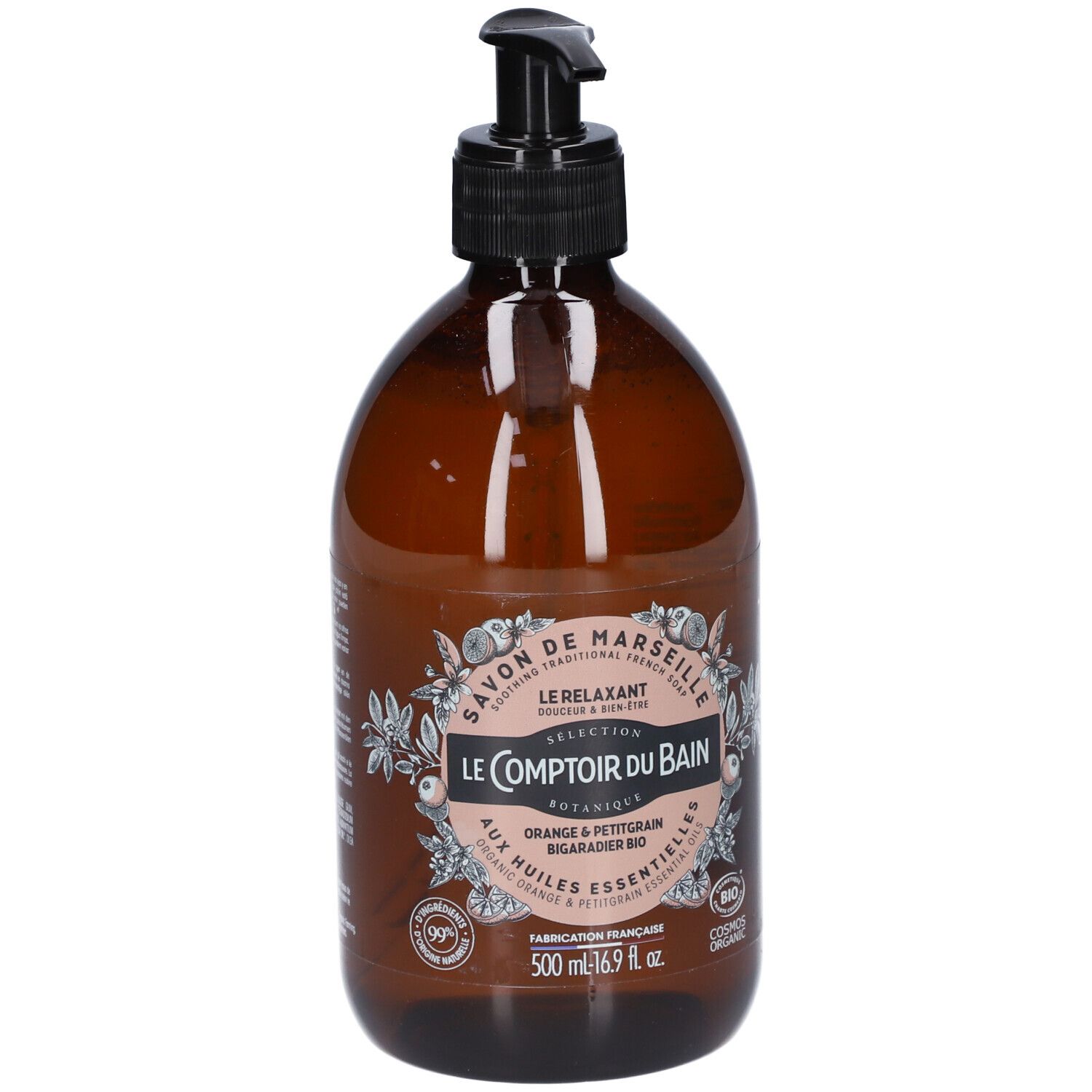 Flacon marron avec pompe noire. Étiquette avec informations produit. Inscription: Savon de Marseille, Le Comptoir du Bain.