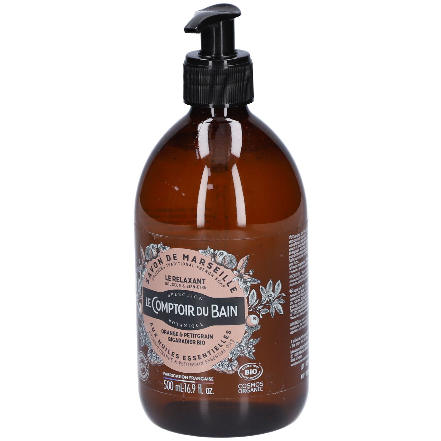 Flacon marron avec pompe noire. Étiquette avec informations produit. Inscription: Savon de Marseille, Le Comptoir du Bain.