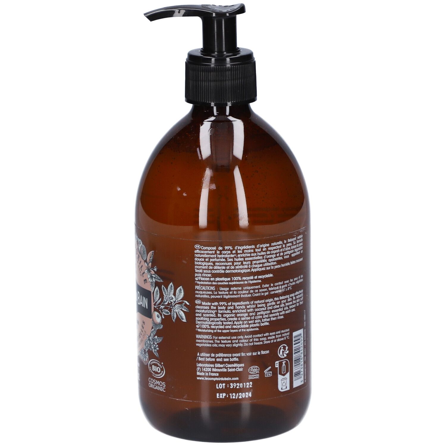 Flacon marron avec pompe noire. Dos avec texte. Inscription: Le Comptoir du Bain.