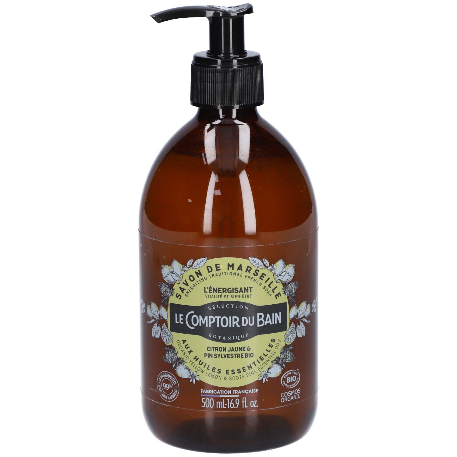Flacon marron avec pompe noire. Inscription: Savon de Marseille BIO L'Energisant. Botanique. 500 ml.
