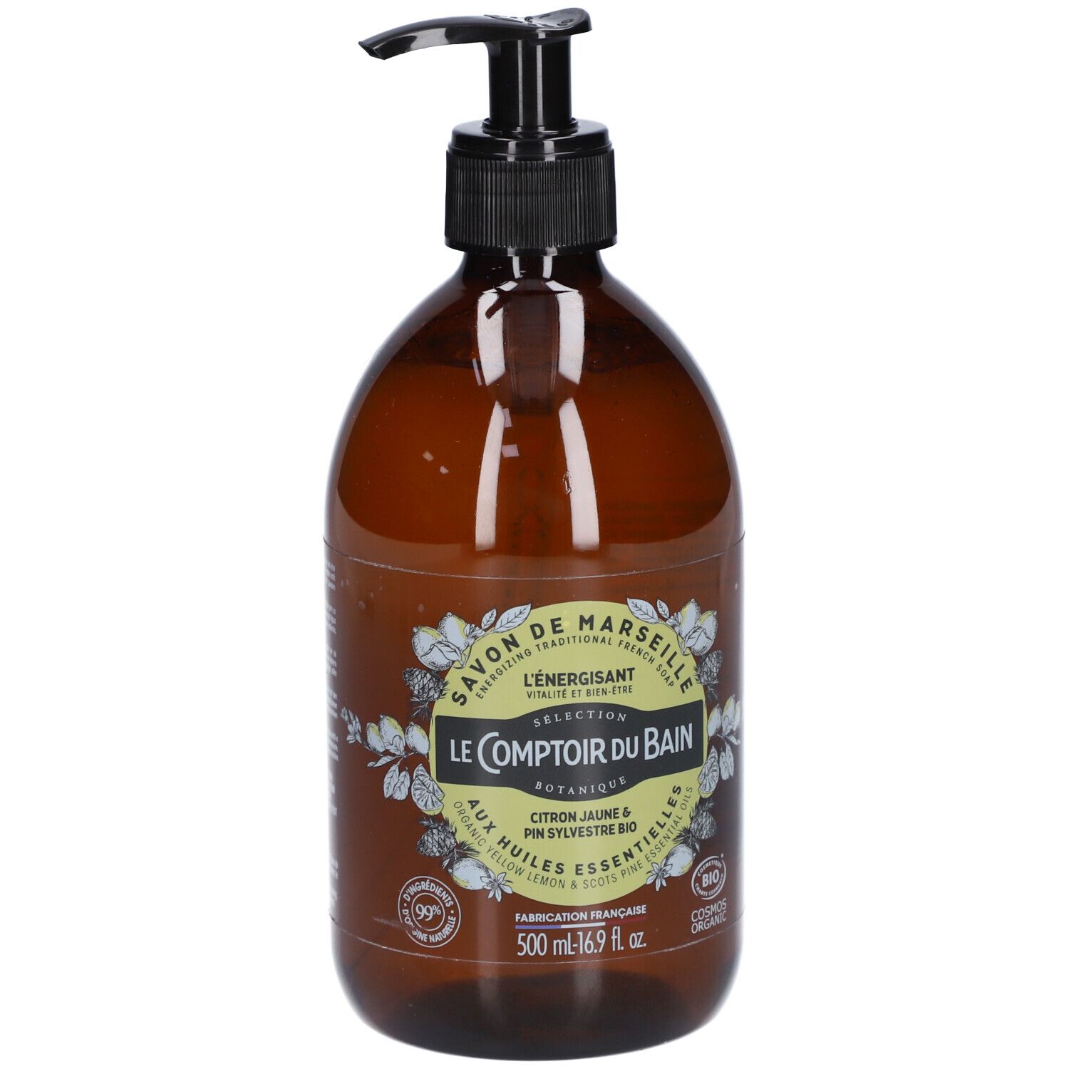 Flacon marron avec pompe noire. Inscription: Savon de Marseille BIO L'Energisant. Botanique. 500 ml. Certification bio.