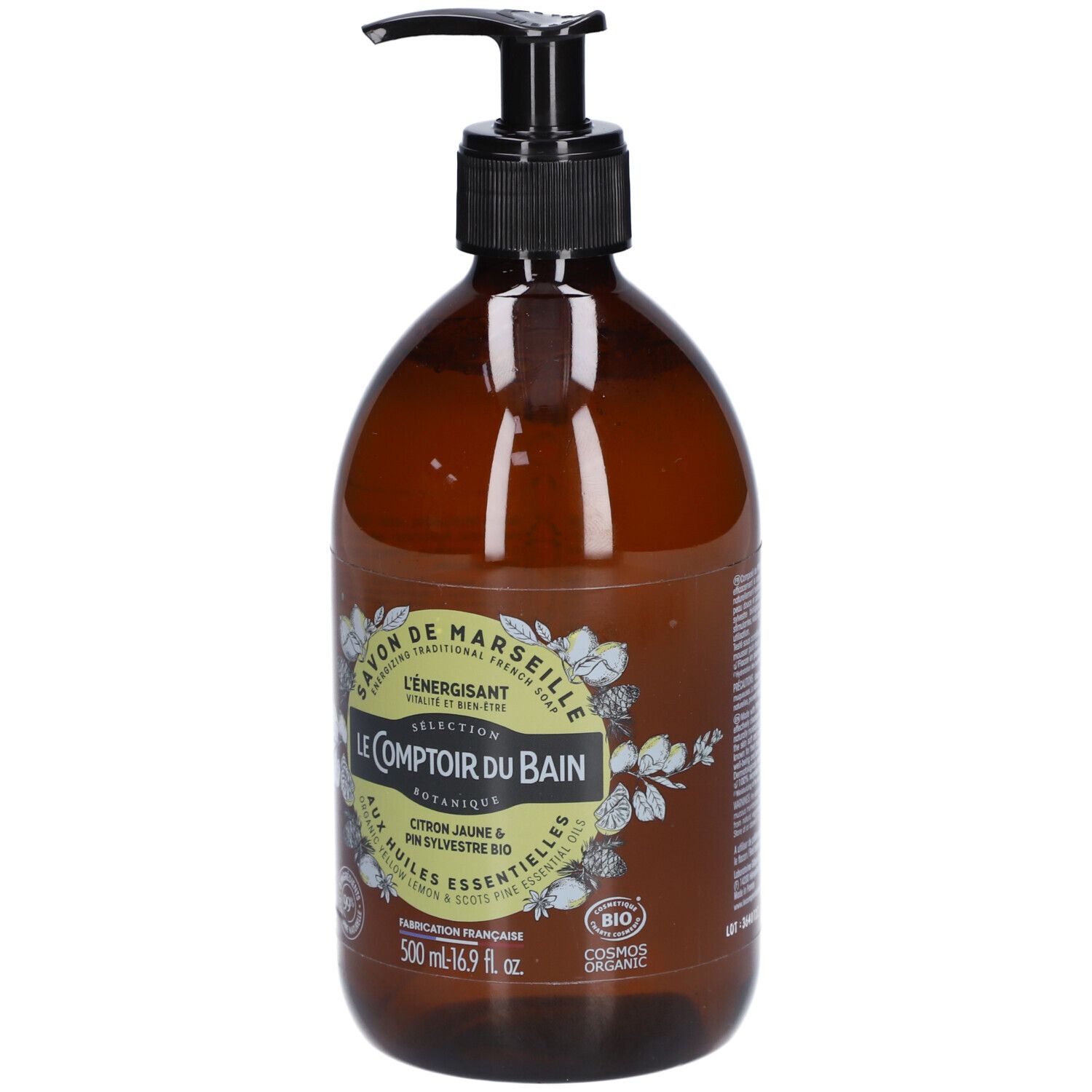 Flacon marron avec pompe noire. Inscription: Savon de Marseille BIO L'Energisant. Botanique. 500 ml. Certification bio.