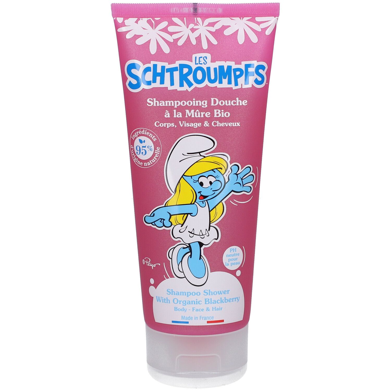 Tube rose "Les Schtroumpfs". Smurfette. Inscription "Shampooing Douche à la Mûre Bio". Label bio.