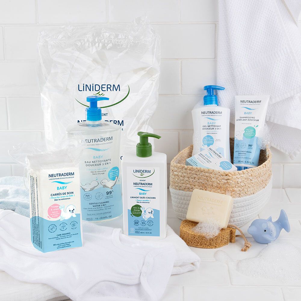 Divers produits Neutraderm Baby. Savon, gel lavant, lingettes. Emballages avec logo et phoque.