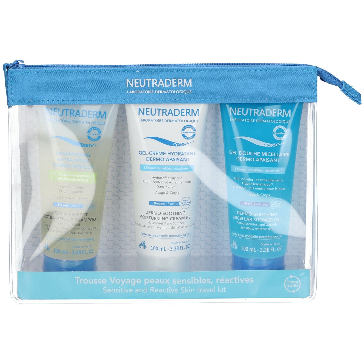 Trousse de voyage Neutraderm avec trois tubes. Sacoche transparente avec fermeture éclair bleue. Noms de produits visibles.