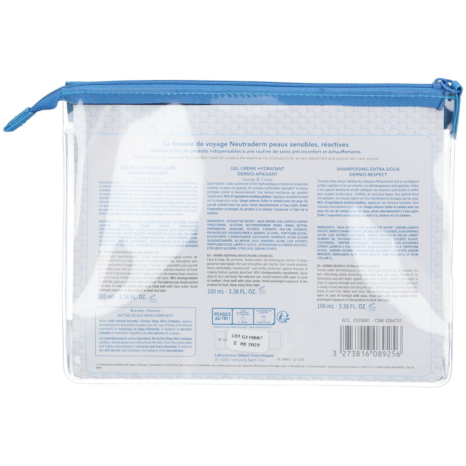 Dos de la trousse de voyage Neutraderm. Texte et informations sur fond transparent. Fermeture éclair bleue.