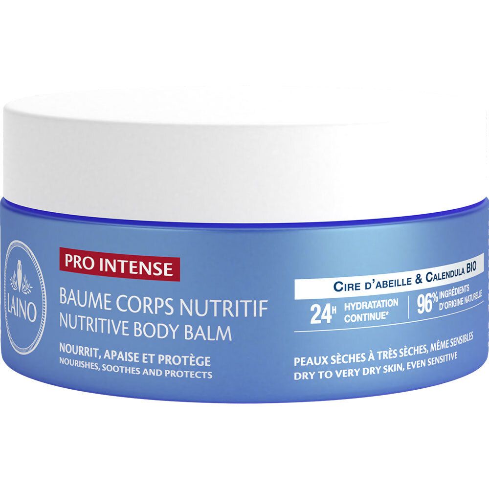 Pot bleu avec couvercle blanc. Inscription : LAINO, PRO INTENSE, BAUME CORPS NUTRITIF. Pour peaux sèches.