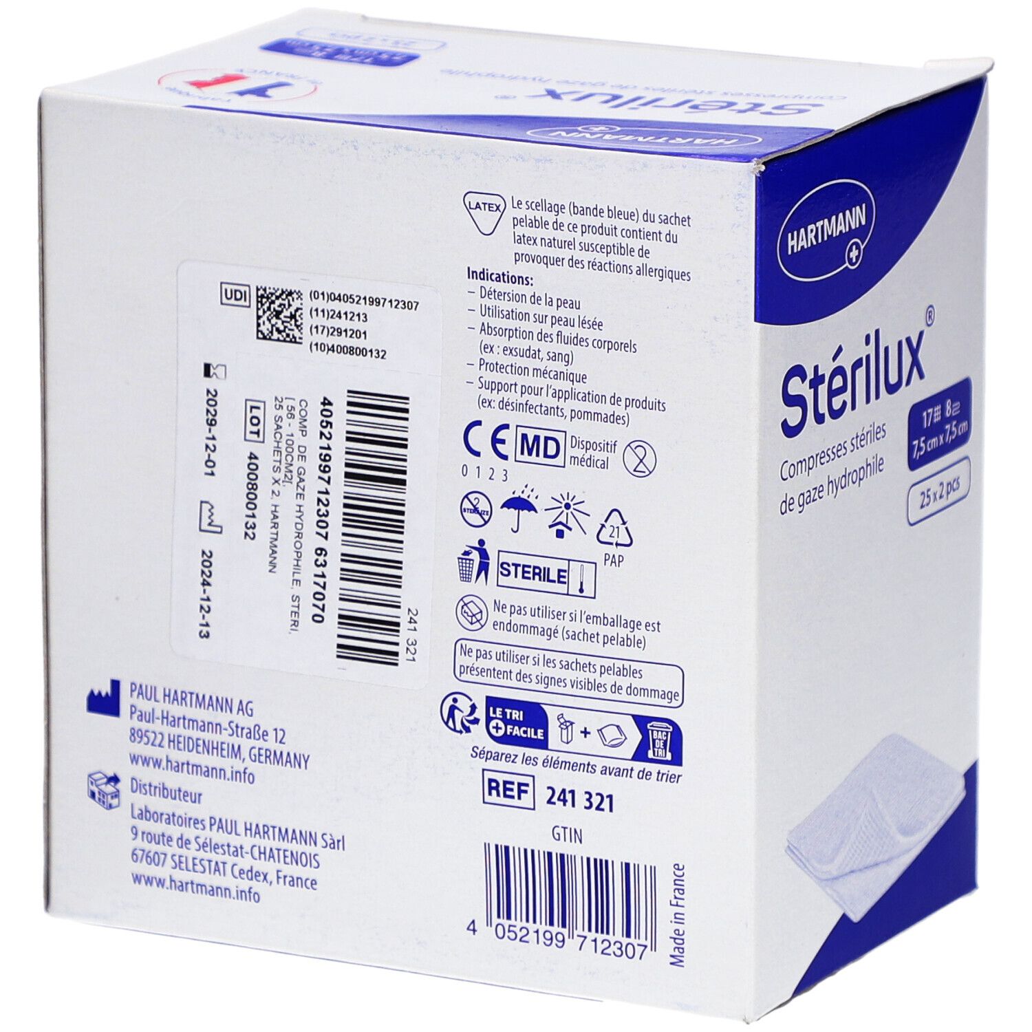 Stérilux compresse de gaze 7,5 cm x 7,5 cm