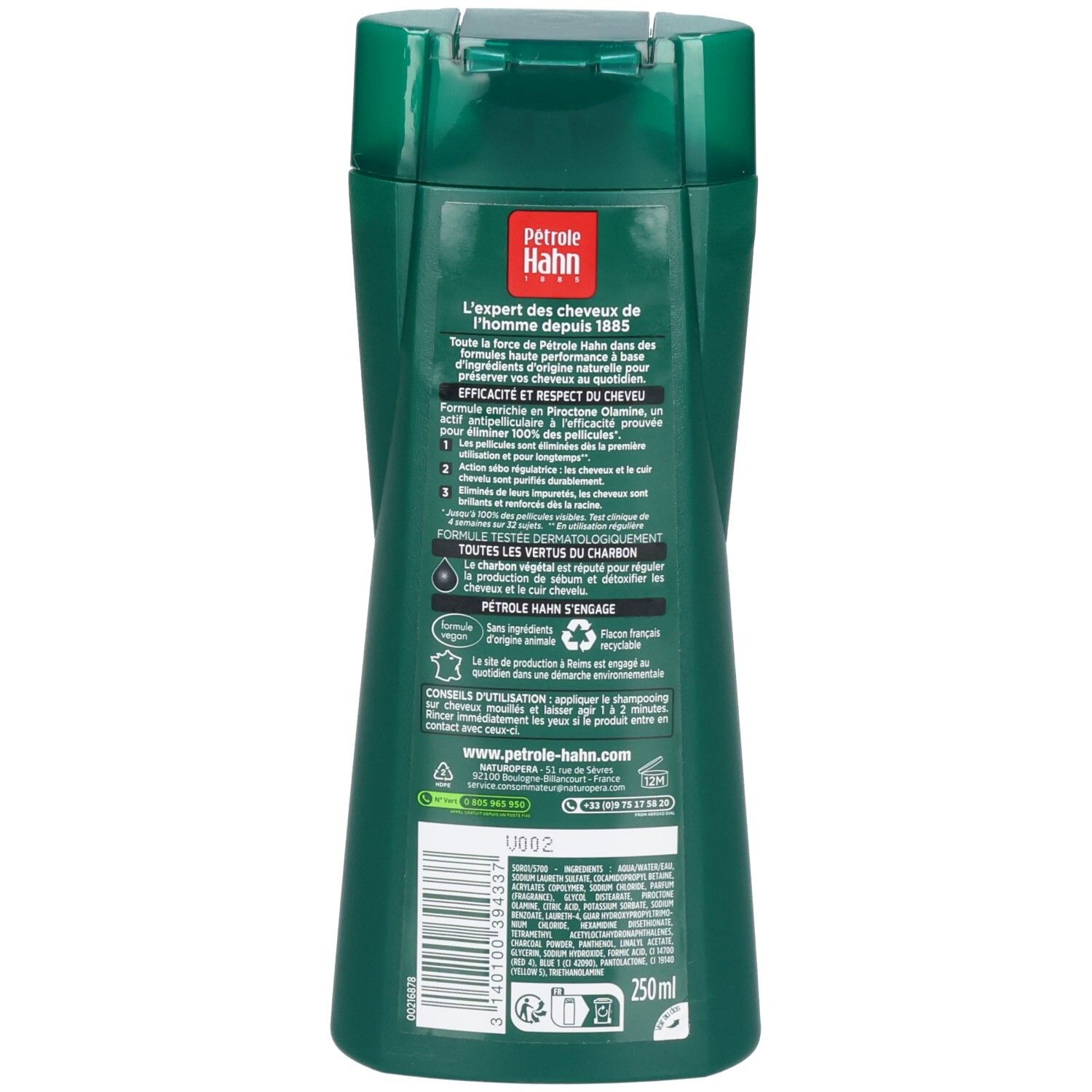 Arrière d'une bouteille de Shampoing antipelliculaire Détox Petrole Hahn avec informations produit.