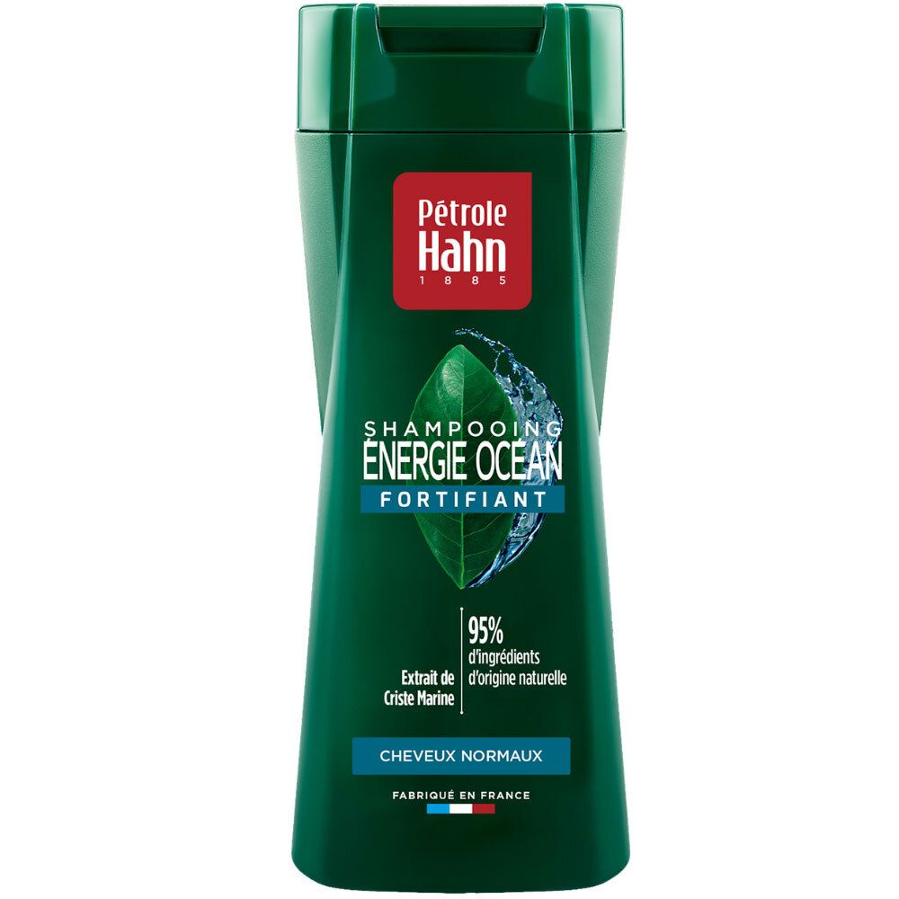 Bouteille vert foncé Pétrole Hahn Energy Ocean Fortifying Shampoo avec symbole feuille et eau. Contient 95% d'ingrédients naturels.
