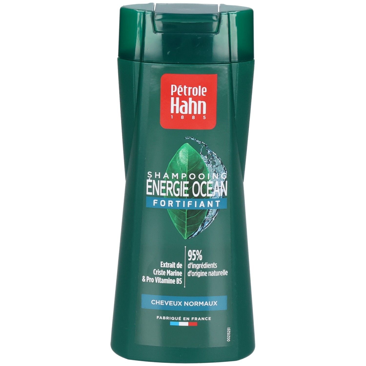 Bouteille vert foncé Pétrole Hahn Energy Ocean Fortifying Shampoo avec symbole feuille et eau. Contient 95% d'ingrédients naturels, Extrait de Crête Marine & Pro Vitamine B5.
