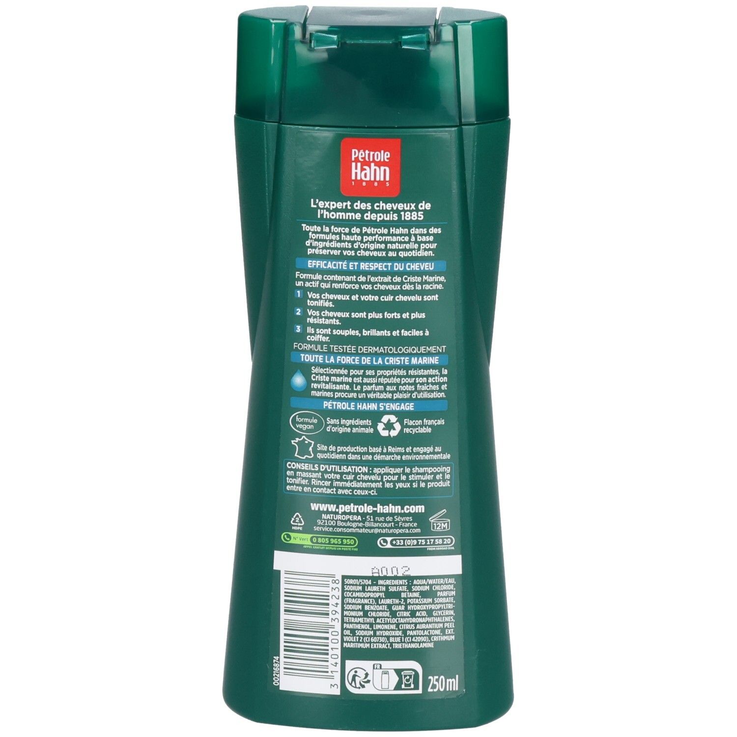 Arrière d'une bouteille vert foncé Pétrole Hahn Energy Ocean Fortifying Shampoo avec informations produit et mention 250ml.