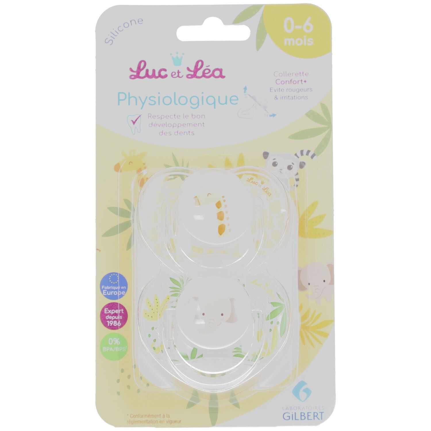 Deux sucettes transparentes dans un emballage. Motifs girafe et éléphant. Recommandé pour les 0-6 mois.