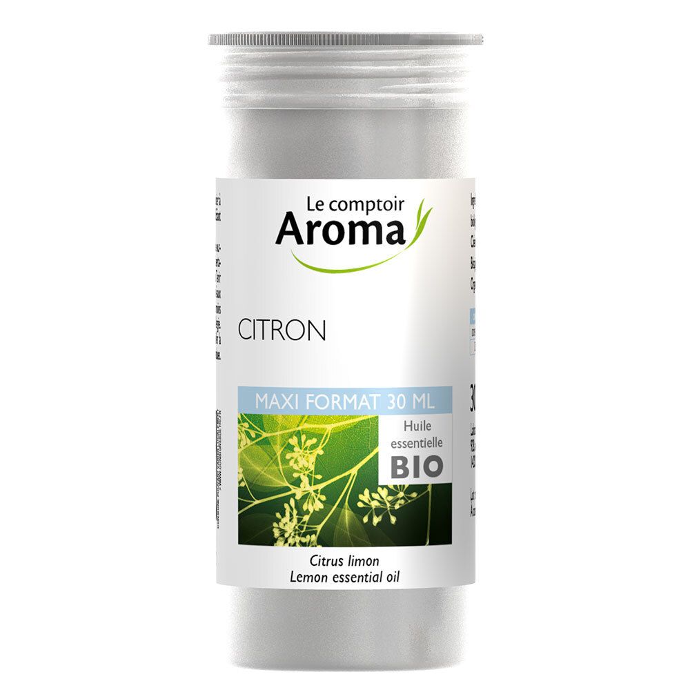 Boîte cylindrique avec bouchon à vis. Étiquette avec nom du produit, illustration de citron et label bio.
