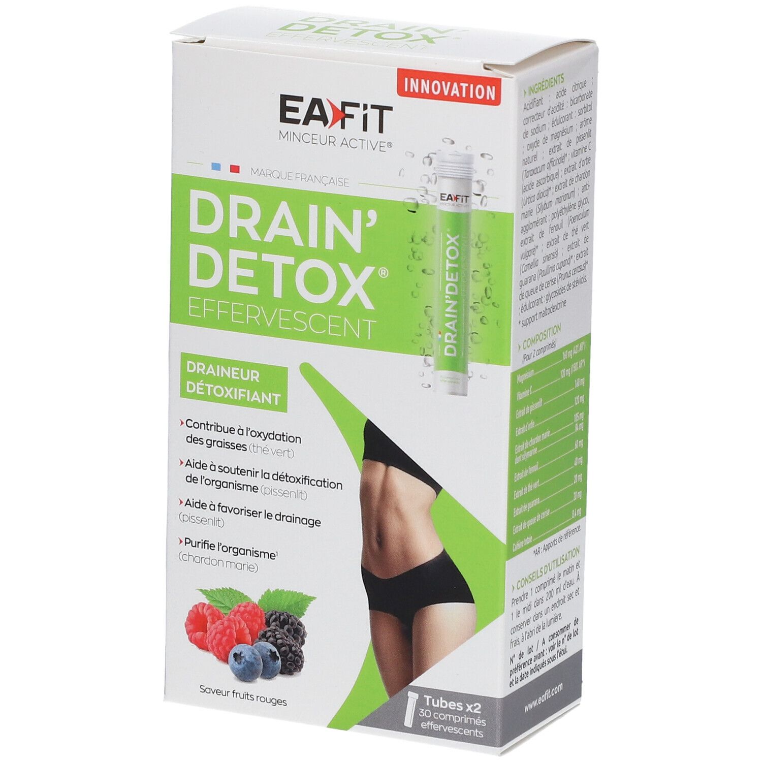 Boîte EA-FIT DRAIN' DETOX EFFERVESCENT, Saveur Fruits Rouges. Contient 2 tubes. Vue avant avec illustration.