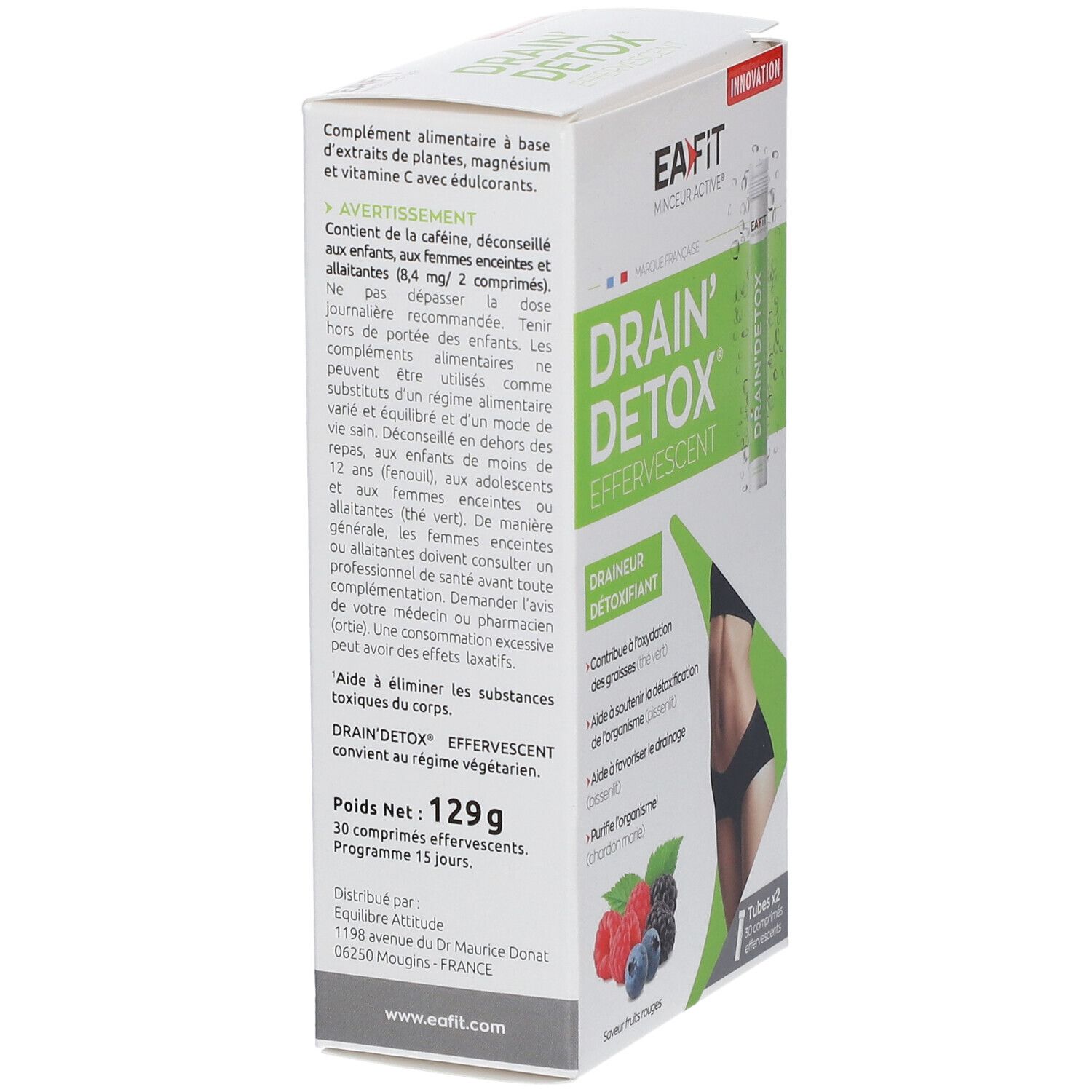 Dos de la boîte EA-FIT DRAIN' DETOX EFFERVESCENT. Texte sur les ingrédients et les avertissements.