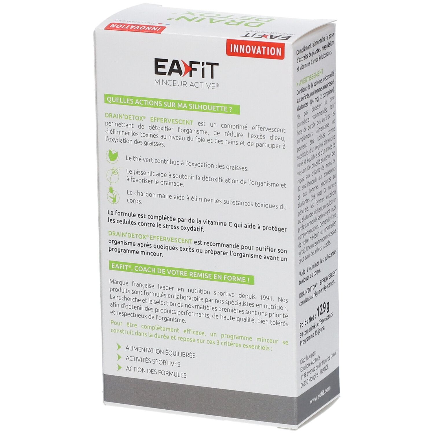 Côté de la boîte EA-FIT DRAIN' DETOX EFFERVESCENT. Texte sur les effets et la marque EA-FIT.