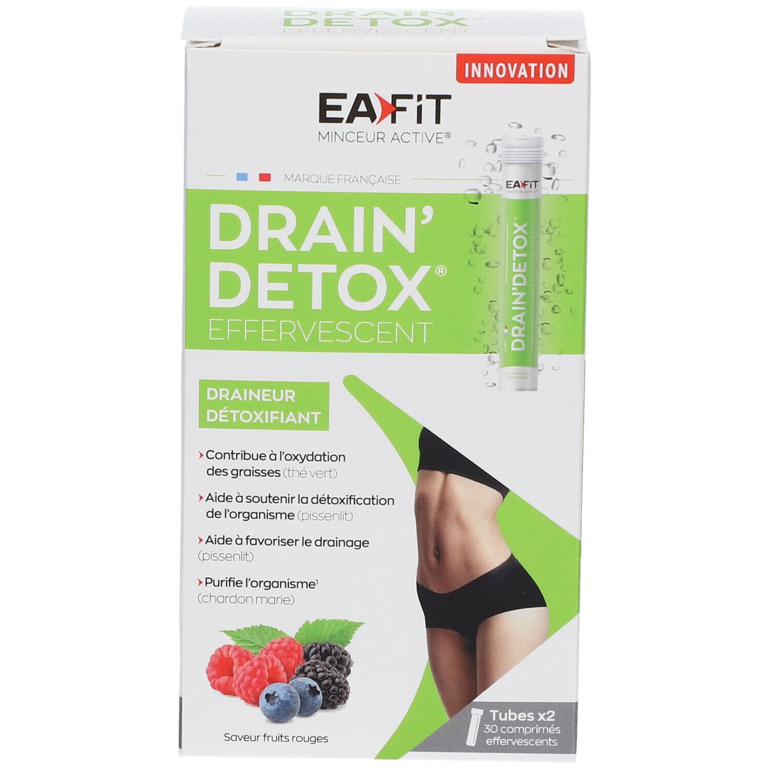 Boîte EA-FIT DRAIN' DETOX EFFERVESCENT. Vue avant avec produit et illustration. Contient 2 tubes.