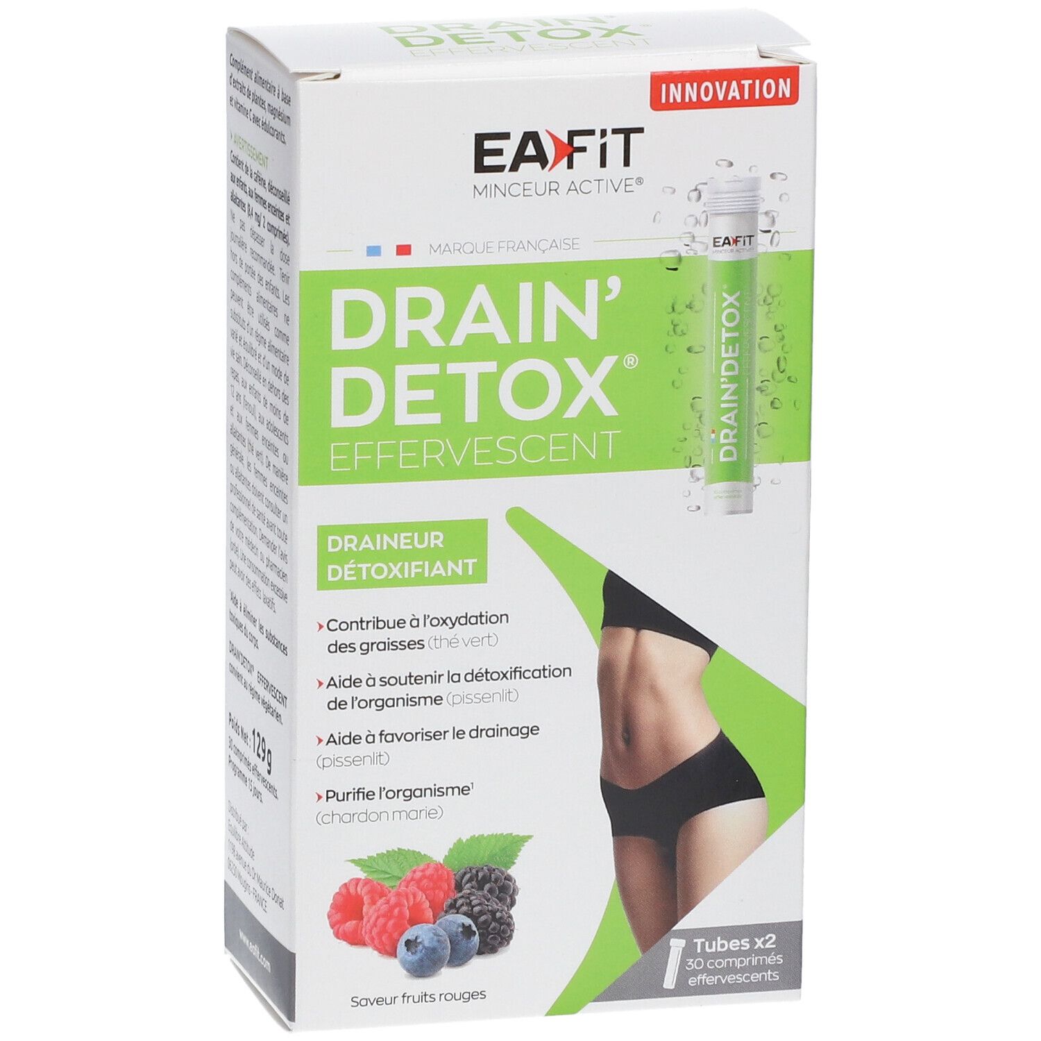 Boîte EA-FIT DRAIN' DETOX EFFERVESCENT. Vue avant avec produit et illustration. Contient 2 tubes.