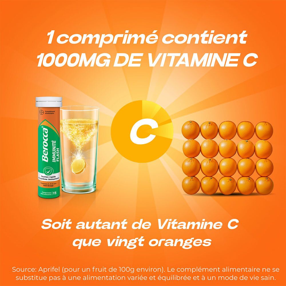 Comprimé Berocca Immunité Flash dans un verre. Contient 1000mg de Vitamine C. Équivaut à 20 oranges.