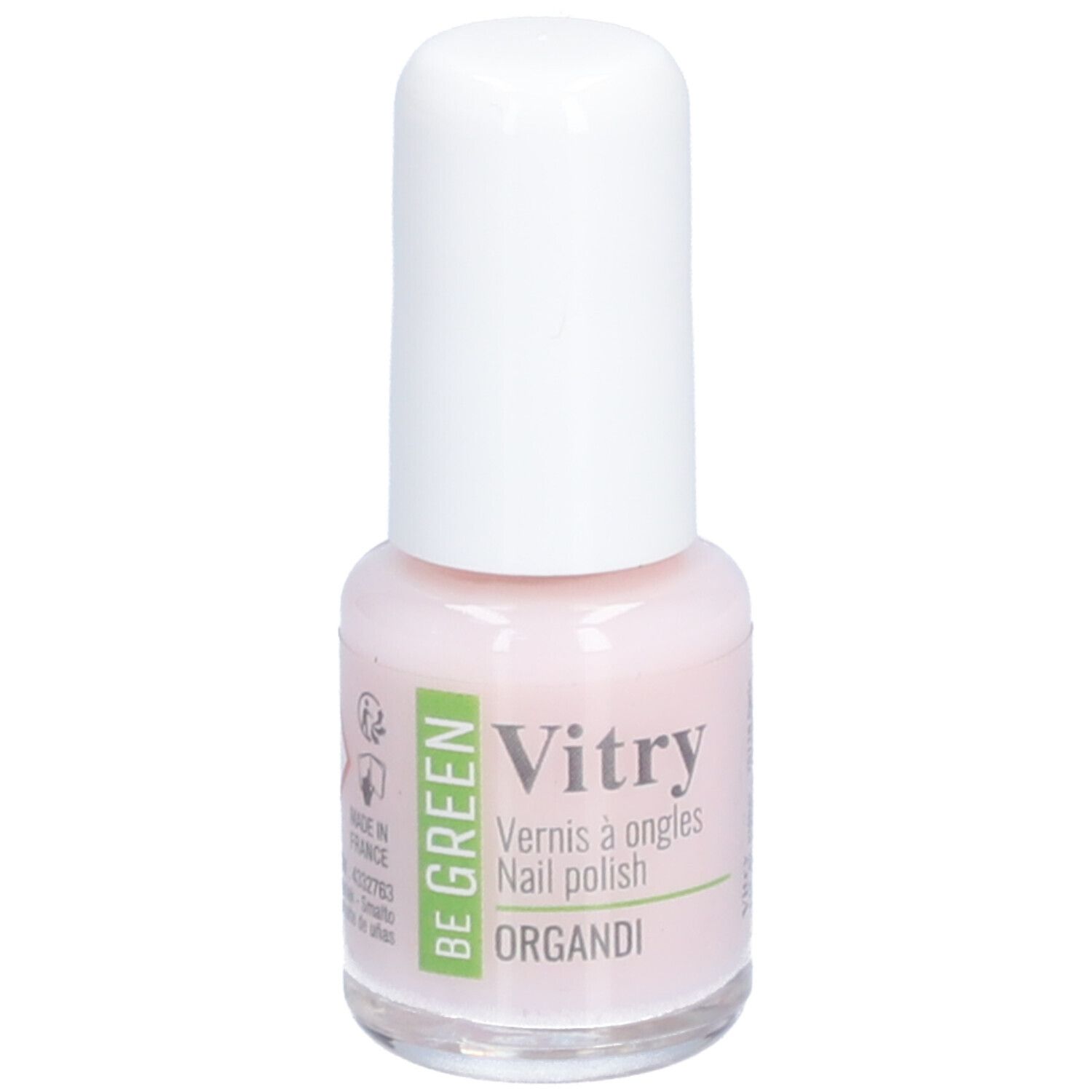 Flacon de vernis à ongles avec bouchon blanc. Inscription : Vitry, BE GREEN, Organdi. Teinte rose.