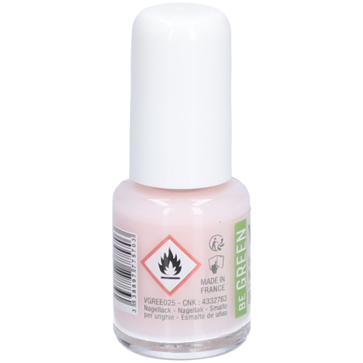 Flacon de vernis à ongles avec bouchon blanc. Inscription : Vitry, BE GREEN, Organdi. Teinte rose. Symbole de danger.