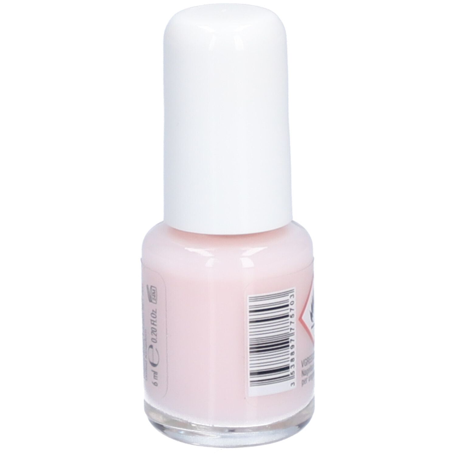 Flacon de vernis à ongles avec bouchon blanc. Teinte rose. Code-barres et avertissement.