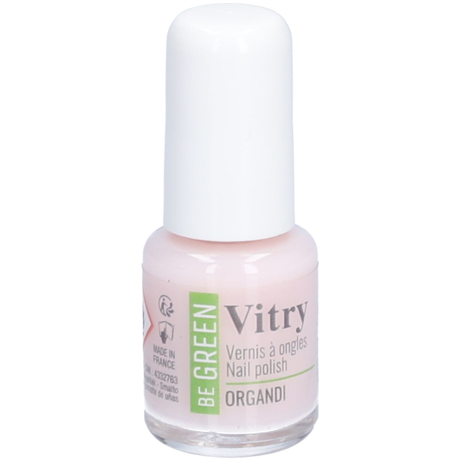 Flacon de vernis à ongles avec bouchon blanc. Inscription : Vitry, BE GREEN, Organdi. Teinte rose.