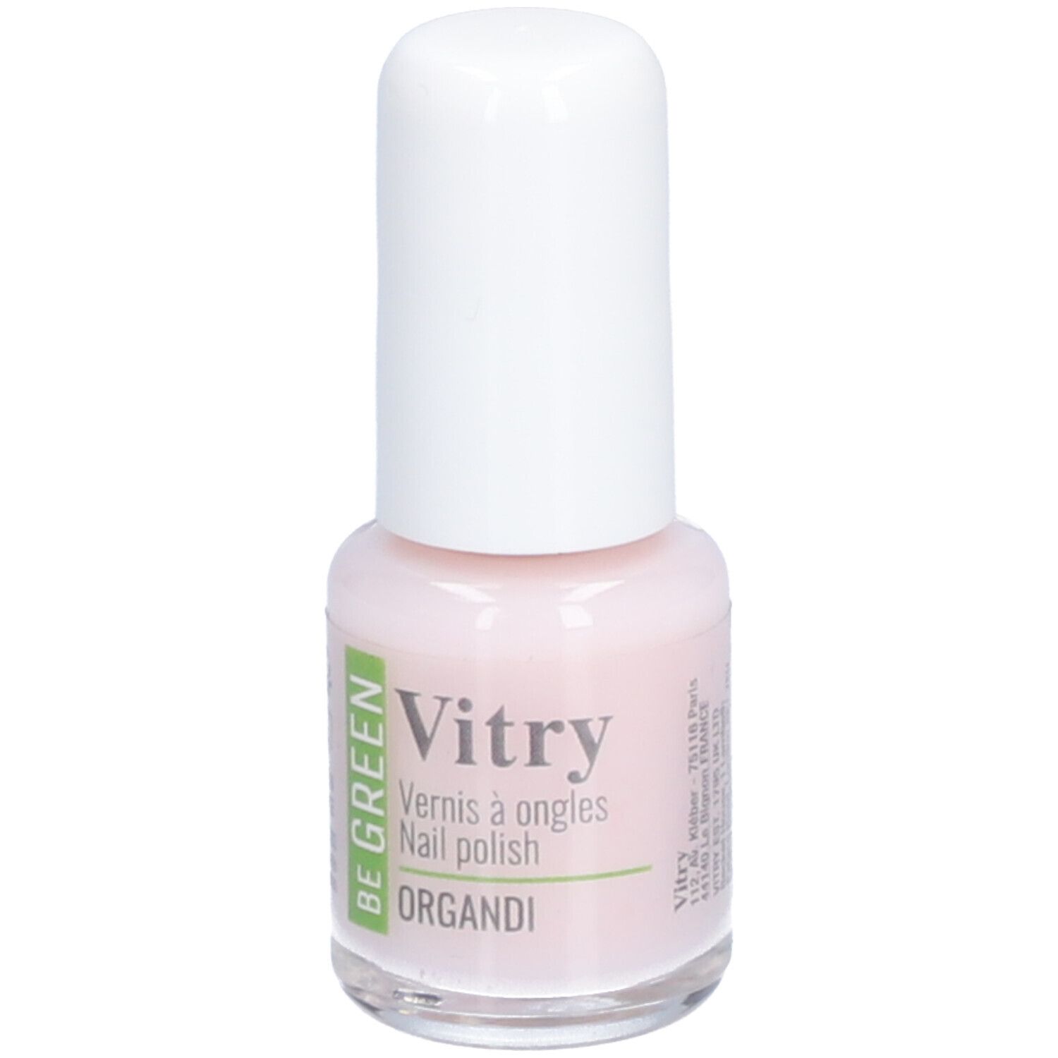 Flacon de vernis à ongles avec bouchon blanc. Inscription : Vitry, BE GREEN, Organdi. Teinte rose.