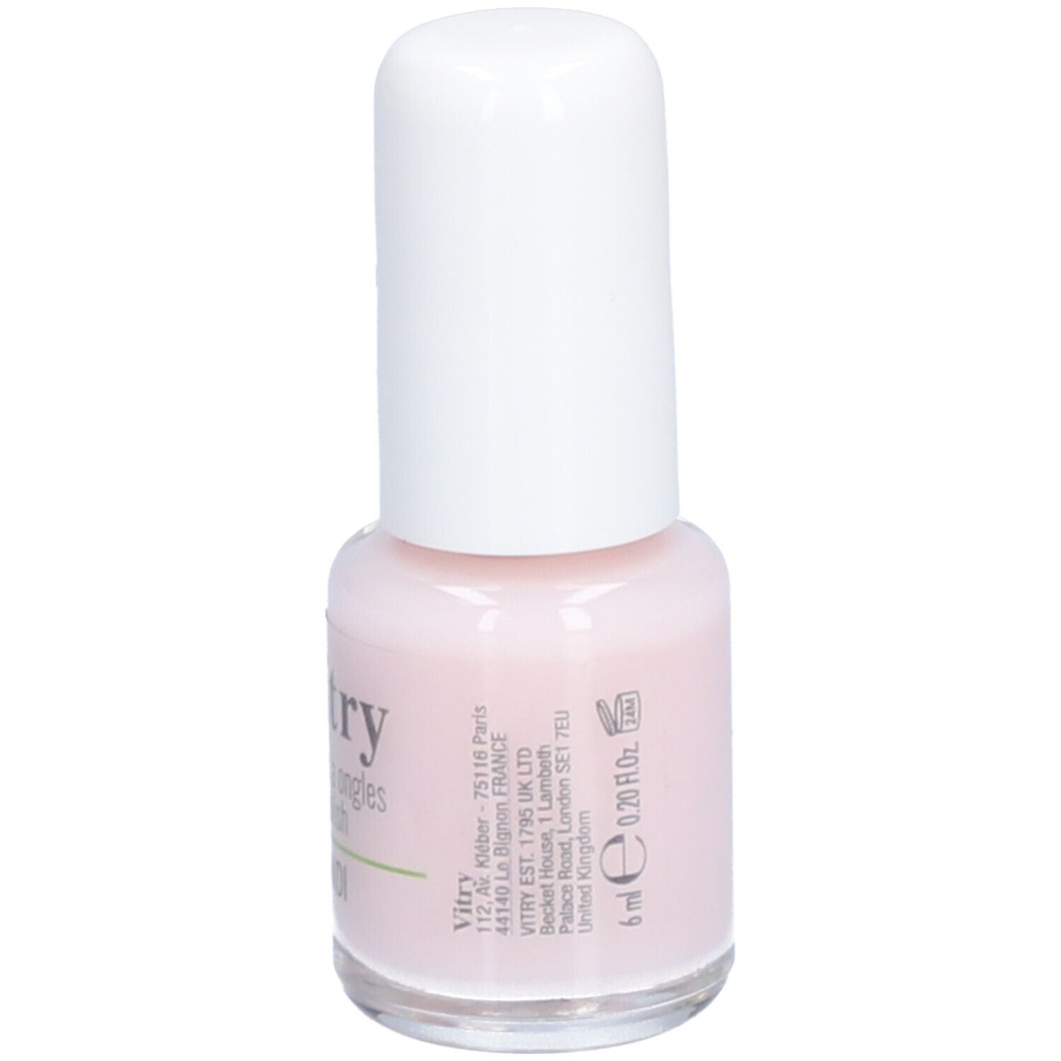 Flacon de vernis à ongles avec bouchon blanc. Inscription : Vitry, BE GREEN, Organdi. Teinte rose. Volume : 6 ml.
