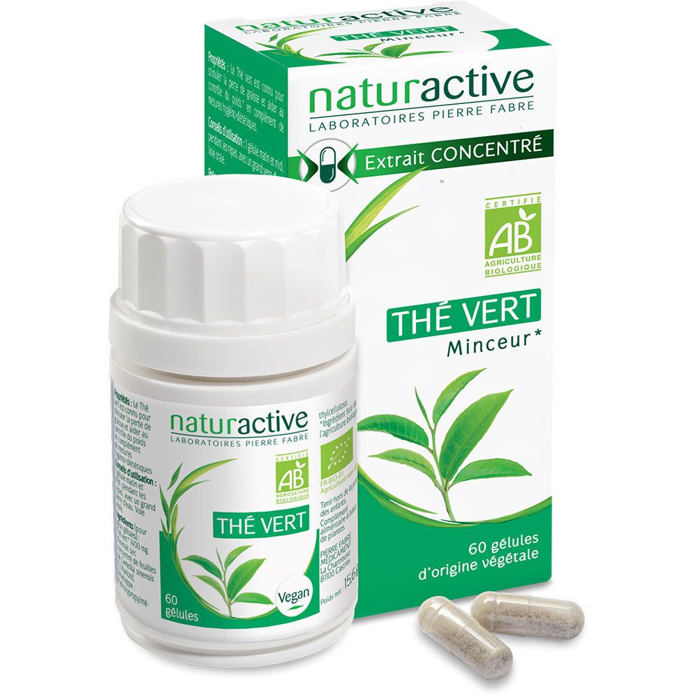 Boîte et flacon de Thé Vert BIO. Certification AB. 60 gélules. Vegan.