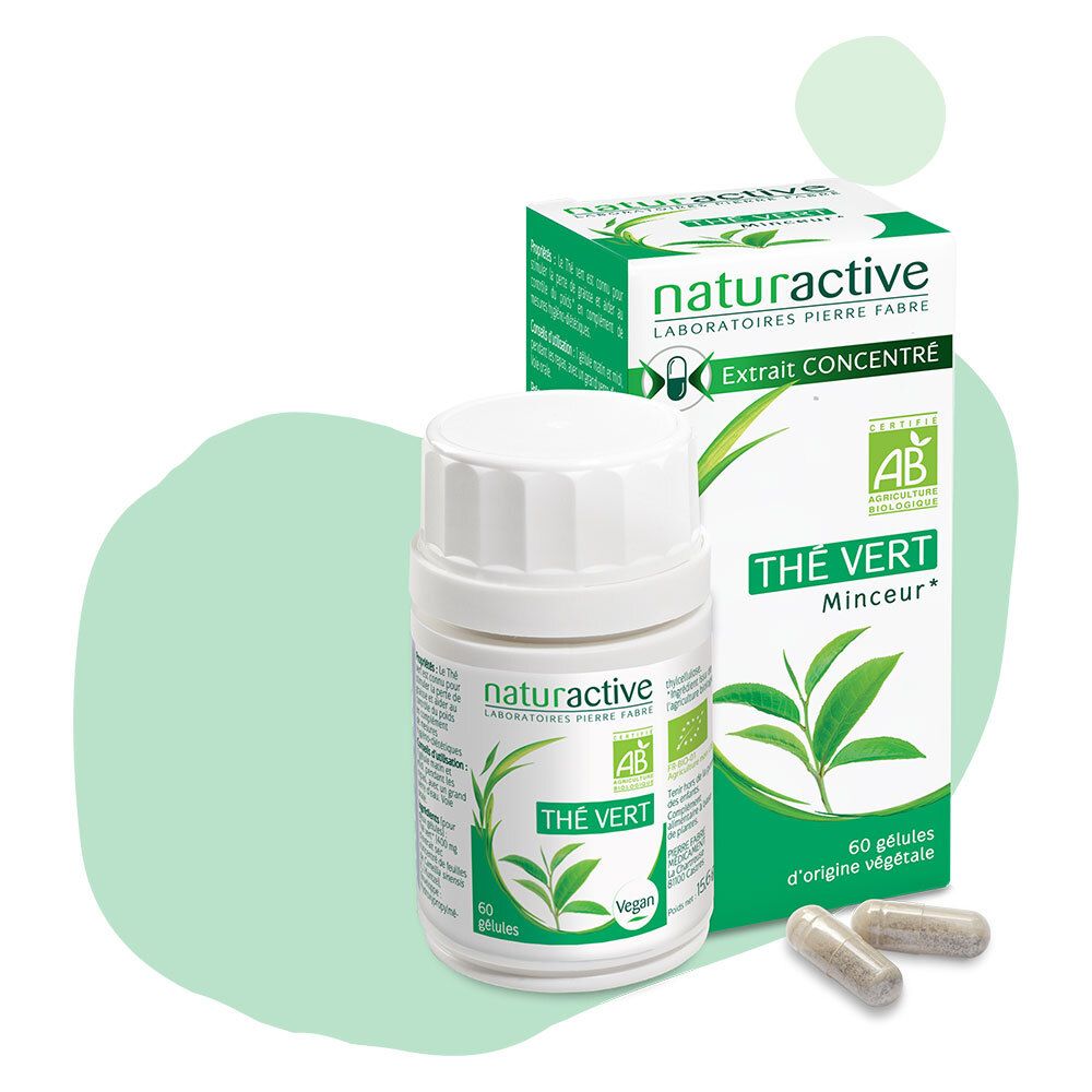 Produit Thé Vert BIO, flacon et boîte. Certification AB. 60 gélules. Vegan.